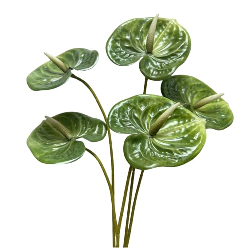 5 PC 24inch Artificial Anthurium Lily Flowers Permanent for Home Decor Bouquet and Green Leaf for Home Bridal Wedding Festival Party Crafts Store Decor Small Flower Bouquet Accessories (Dark Green)