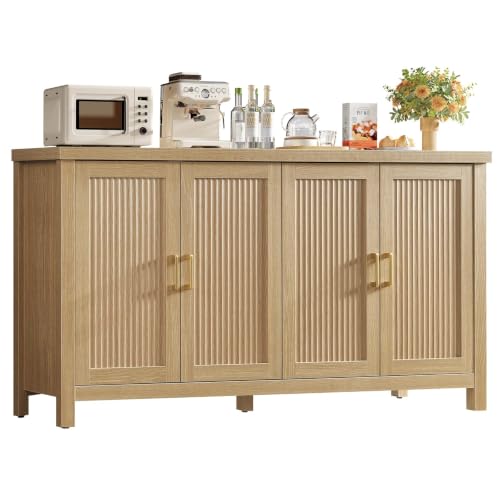 Image of TEENFON 63 inch Buffet Cabinet with Storage, Fluted Sideboard Cabinet with 4 Adjustable Shelves, Modern Coffee Bar with 4 Doors, Coffee Bar Cabinet for Kitchen, Living Room, Natural