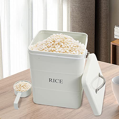 Xbopetda Metal Rice Storage Box, Square Rice Container With Lid And Handle, Sealed Food Storage Bin For Kitchen, Countertop Organizer Jar For Rice Flour Soybean Grain Cereal-White #TOP4