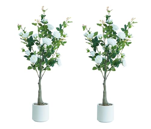 TUFSPRAX Arbre Artificiel réaliste 120 cm - Fleurs en Soie Blanche, Feuillage Plastique, Pot Blanc - Résistant aux UV, sans Entretien - Décoration Moderne pour Maison ou Bureau