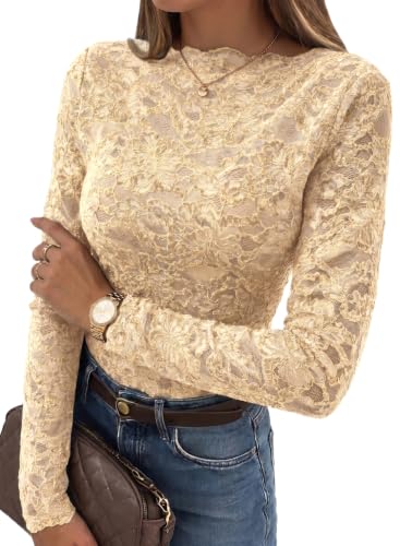Dokotoo Lace Top Mesh Long Sleeve Fall Shirts for Women Dressy 2026,Beige,M