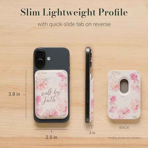 Image of Christian Art Gifts Women's Slim Magnetic Phone Wallet: Walk by Faith Encouraging Bible Verse, MagSafe Compatible, Cash & Card Holder Accessory, Faux Leather, White /Pink Multicolor Floral, 3.8 inch x 2.5 inch