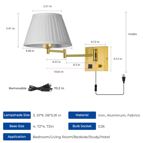 Image of Plug in Wall Lamp for Living Room Bedroom Bedside, Bulb Included | Wall Sconce with USB C+A Charging Ports, Adjustable Swing Arm 270, Adjustable Color Temperature, White Fabric Cone lampshade