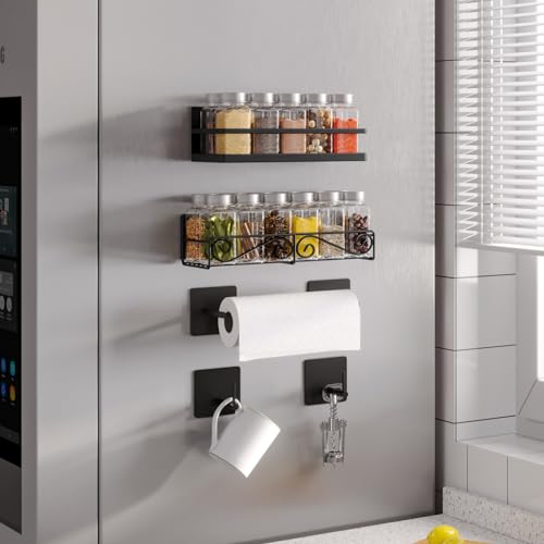 Image of Magnetic Spice Rack for Refrigerator, 4 Pack Strong Magnetic Shelf for Spices, Jars, Bottles, Perfect Space Saver for Small Kitchen /Apartment (Black, 4pack)
