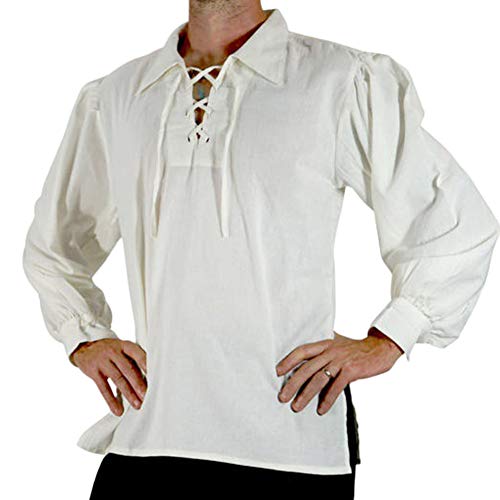 Camisa con Cordones Renacentista Medieval para Hombres Disfraz De Pirata Tunica Blanco...