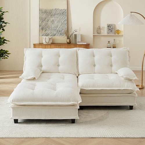 Image of 77 inch Sectional Sleeper Sofa with Ottoman, L Shaped Modular Deep Seat Couches for Living Room Apartment, Flexible Module Combination Cloud Sofa with Spring Support, Easy Assembly, White