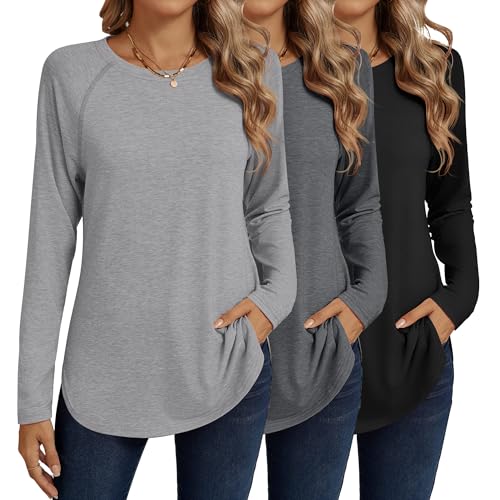 Ficerd 3 Pack Women's Long Sleeve T-Shirts Crew Neck Raglan Sleeve Casual Loose Fit Shirts Side Split Curved Hem Tunic Tops