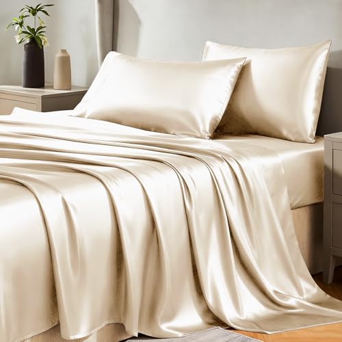 CozyLux Satin Sheets Queen Size Bed Set - Silky Soft Bedding Similar to Silk, 4 Piece Sheet Set for Hair and Skin, Deep Pocket with All-Around Elastic, Home Decor for Bedroom, Champagne by CozyLux - Used condition - US$23.26