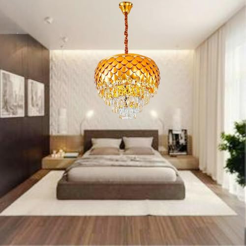 Image of DREAMY DESIGNS Chandelier Lights for Ceiling 500 MM Golden Pineapple Shape 4-Tier K9 Glass Crystal Chandeliers for Living Room Smart 3 Mode LED Light Plate Jhumar Designer Bedroom and Dining Room