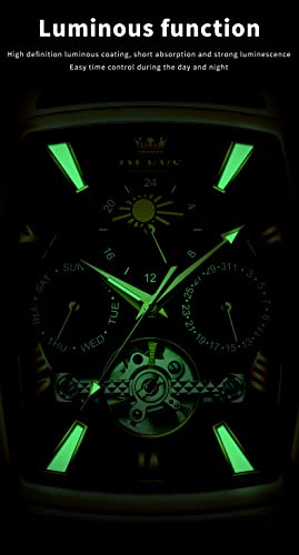 Image of OLEVS Mechanical Dress Mens Watches Square Brown Leather Strap Moon Phase Skeleton Tourbillion Day Date Waterproof Luminous Men's Wrist Watches