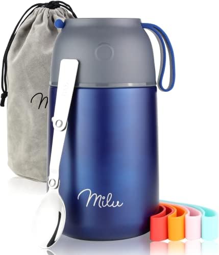 Milu® Thermo Food Flask - 450, 650, 800ml - Stainless Steel insulated Container - Lunchbox - Jar with Spoon for hot and cold food (Black, 450ml)