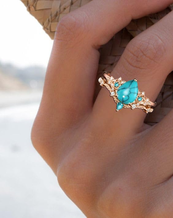 10K 14K 18K Solid Gold Gemstone Engagement Ring Set for Women Flower Design Ring Set Pear Cut Gemstone Bridal Wedding Ring Set Size 4-162