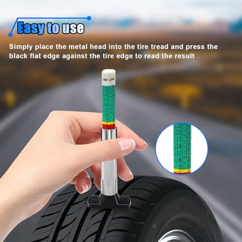 Image of 2PCS Car Tire Tread Depth Gauge Kit, Tire Thread Depth Meter Tool Color Coded with Portable Bag and 2 Valve Caps, 1'' Within 1 /32 Inch Accuracy, Universal Car Accessories for Car, Truck, SUV