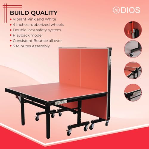 Image of DIOS Table Tennis (T.T) Table| Tournament-Grade Ping Pong Table | Quick Assembly | Foldable with Playback Mode | Indoor & Professional Use (Pink, 15MM) WTT Qatar Edition