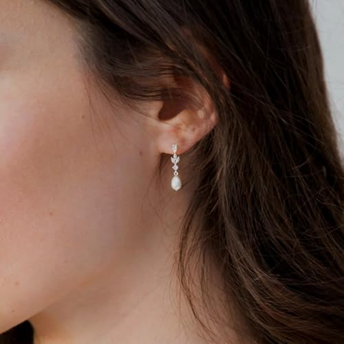 Wedding Earrings for Women Trendy,Dainty Pearl Silver Dangle Earrings for Women Non Tarnish Small Cute Drop Earrings Fashion Statement Bridal Earrings Wedding Jewelry Bride Gifts — view 6