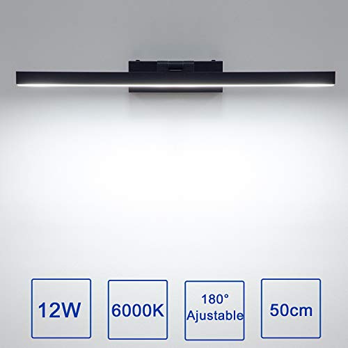 Yafido Aplique Espejo Baño Interior LED 12W Blanco Frio 6000K 1000LM 50CM Negro luz Baño Lámpara de Pared Espejo Iluminación para Maquillaje
