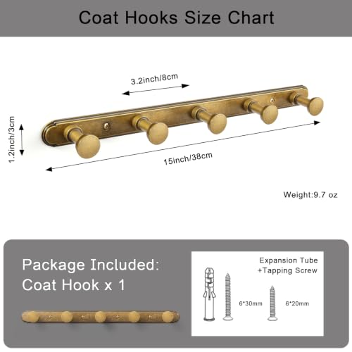 1 Pack Coat Rack Wall Mounted Antique Brass Solid Wall Hooks, Vintage Brass Towel Rack Zinc Alloy & Aluminum Coat Hooks for Bag Hat Clothes Scarf 2611GT-H014-5 by Goo-Ki - Used condition - Image 3