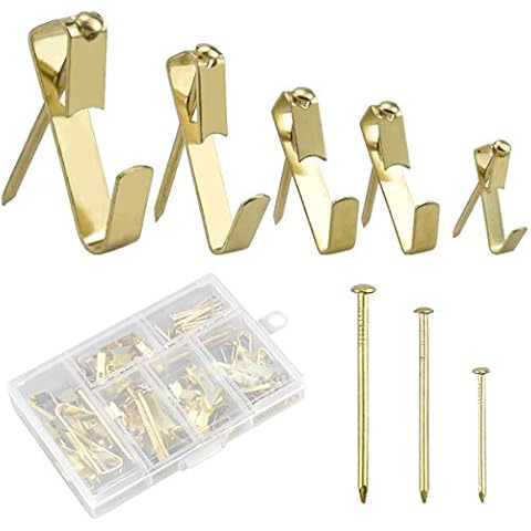 Kissral 130pcs Picture Hangers Heavy Duty Metal Hangers with Nails Photo Picture Frame Hooks Picture Hanging Kit for Wooden and Plasterboard Walls Clock Mirror Office, Gold Color Cover