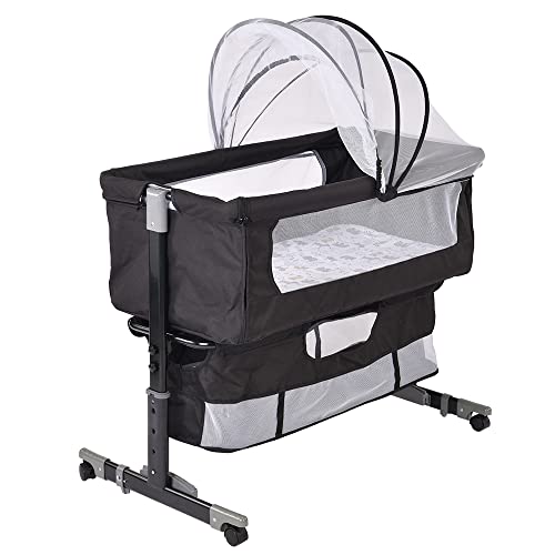 RELOVE Culle basculanti,Lettini con sbarre,Lettini convertibili Culla con Materasso, per Neonati e Bebe dalla Nascita a 20 kg, Co-Sleeping, Campeggio, Leggero, Stabile (92 * 58 * 70-90cm-nero)