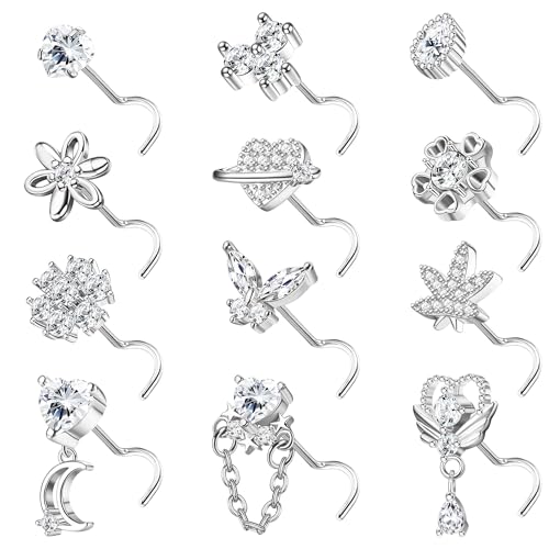 Sanfenly 12 PCS 20G Nose Rings Surgical Stainless Steel L Shaped Nose Studs for Women Men CZ Heart Butterfly Flower Leaf Moon Dangle Cute Nose Piercings Studs Screw Jewelry Pink/Purple/Blue/Clear