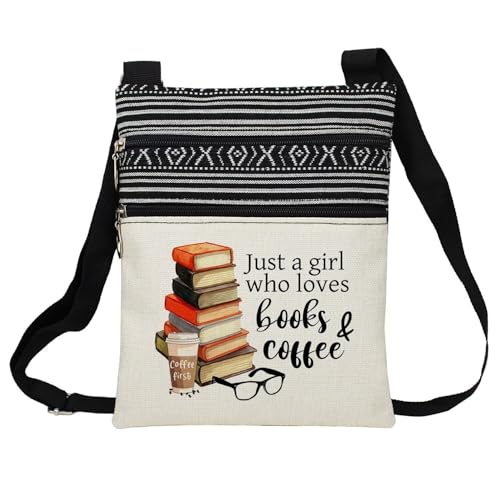 Just Love Books And Coffee Messenger Bag Small Ethnic Pattern Printed Adjustable Strap Crossbody Zipper Bag Phone Bag Wallet Shoulder Handbag for Book Coffee Lovers Women