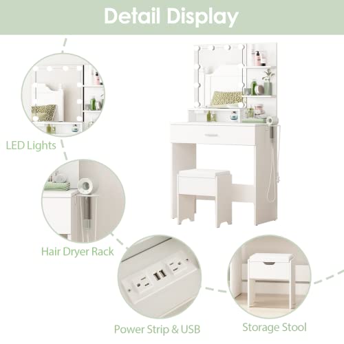 Makeup Vanity Table With Lighted Mirror & Power Strip, White Vanity Set With Hair Dryer Rack, Lots Storage, 3 Lighting Modes, Brightness Adjustable, 31.5In(L) #TOP4