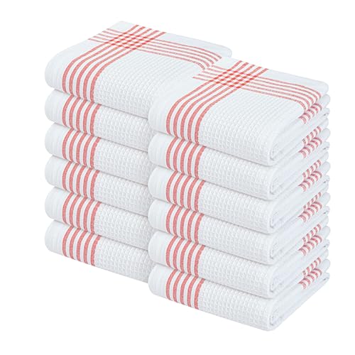 Image of Waffle White & Red Kitchen Dish Towels, Set of 12, 100% Cotton 16x26 inches, Absorbent Tea Towel, Multi-Purpose Hand Cleaning Towel, Strong and Reusable Dish Cloths for Drying Dishes