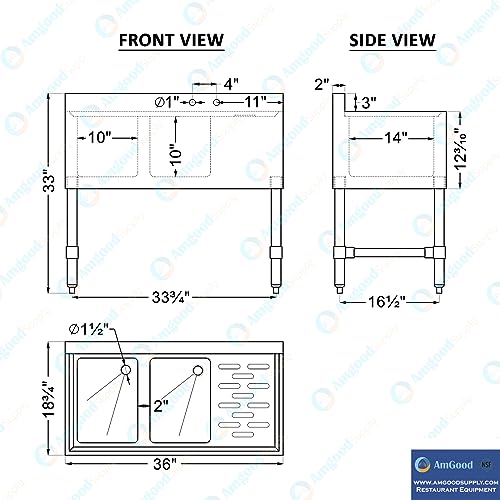 Image of AmGood 36 in. x 19 in. Two Compartment Under Bar Sink With 12 in. Right Drainboard | Stainless Steel Commercial Two Bowls Underbar Sink NSF.