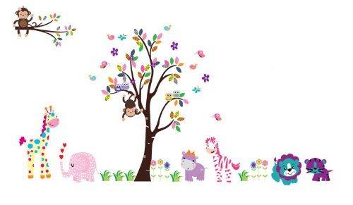 Animal Paradise Zoo Giraffe Monkey Tree DIY Removable Wall Decal for Living Room Nursery Baby Children's Room Vinyl Wall Sticker Art Home Decoration