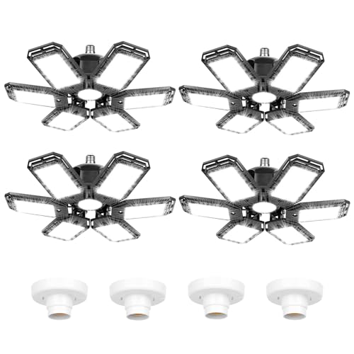 Image of Luyata LED Garage Lights 4 Pack, Ceiling LED Shop Light 180W 18000LM 6500K Screw in Led Light with 5+1 Deformable Panels, Bright Led Lighting for Garage Workshop Basement Support E26 /E27 Socket