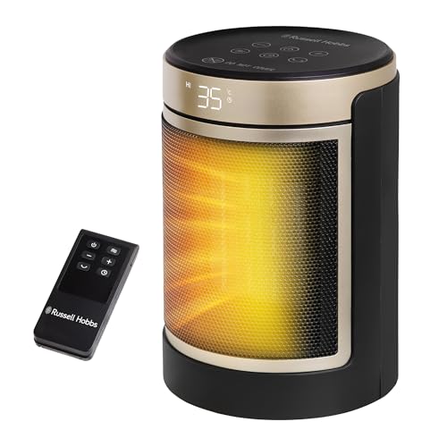 Image of Russell Hobbs Black and Gold Space Heater 1500W Silent Portable Oscillating Ceramic Round Electric Heater, Low Energy Digital Display, 4 Modes, 24 Auto Timer