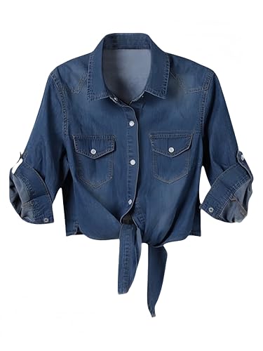 Simier Fariry Womens Tie Front Denim Shirt Summer Lightweight Jean Tops Roll Up 3/4 Sleeve Button Down Fall Cute Outfits