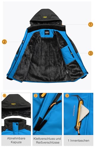 Libin Winterjacke Damen Warm Skijacke Outdoor Sportjacke Wanderjacke Damen Wasserdicht Atmungsaktiv Fleece Dicke Gefüttert Übergangsjacke Reitjacke mit Abnehmbarer Kapuze Blau, M