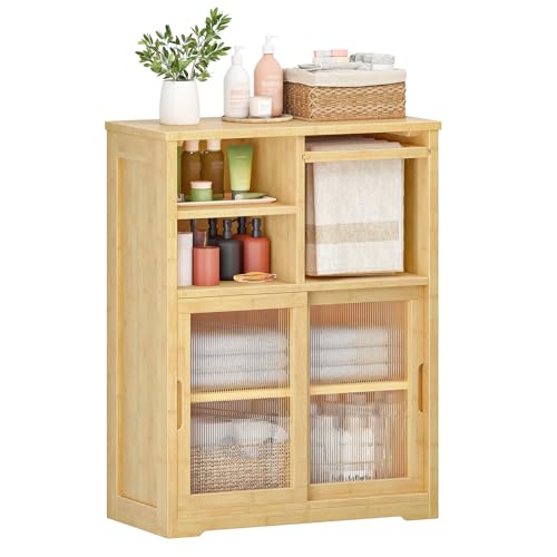 HOOBRO Bathroom Floor Cabinet Small Bathroom Cabinet with 2 Doors Floor Storage Cabinet Bamboo Organizer Cabinet with Adjustable Shelves for Living Room Dining Room Entryway Natural