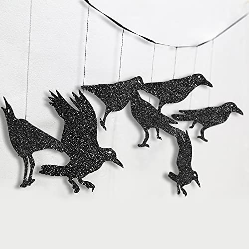 Glitter Black Crow Cage Decorations For Gothic Halloween Tree Hanging Decorations Raven Bird And Cage Banner Garland Centerpiece Backdrop For Horror Theme Birthday Baby Shower Wedding Party Supplies #TOP2