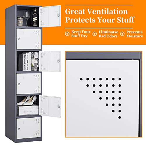 Image of Metal Locker with 6 Doors, 71 inch Lockers for Employees Steel Storage Locker, Lockable Locker Cabinet for School, Gym, Home Office and Garage(Grey White)