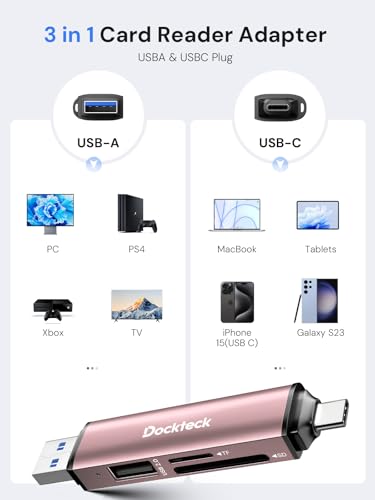 Image of Dockteck SD Card Reader, USB3.0, 3-Slot USB A /C to Micro SD Adapter,Pink | 5G Super Speed, Memory Card Reader for UHS-I SD /Micro SD /SDHC /SDXC /MMC, OTG Support, Plug&Play,Compatible with Macbook iphone