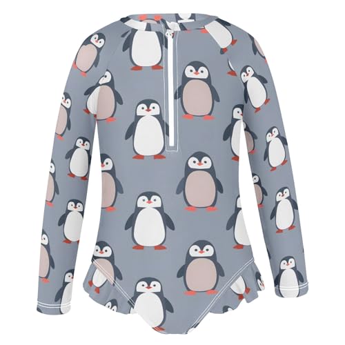 Penguin Animal Pattern Girls Long Sleeve Swimsuit Rash Guard One Piece Bathing Suits Zipper 3-12T2