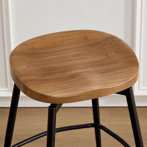 Image of 25'' Backless Swivel Counter Height Bar Stools Set of 2, Solid Wood Saddle Stools with Metal Legs, Modern Wooden Bar Stools for Kitchen Island, Walnut