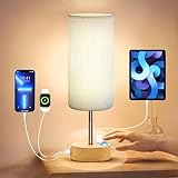 KPQ Bedside Lamp Touch Control Table Lamp with USB A+C Charging Ports & AC Outlet 3-Way Dimmable Nightstand Lamp with Linen Fabric Shade for Bedroom Living Room