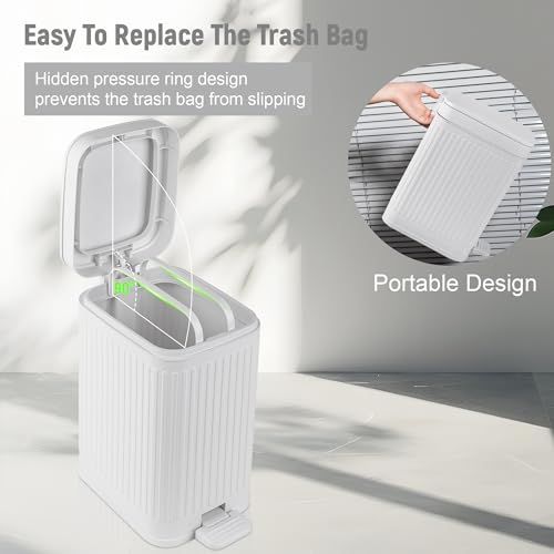 Image of rejomiik Small Bathroom Trash Can with Lid Slim Soft Close Garbage Can Step Wastebasket Container Trash Bin for Office Bedroom Kitchen Living Room (2.6 Gallon White)
