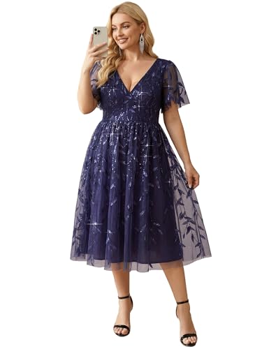 Image of Ever-Pretty Womens Embroidered Tulle Plus Size Cocktail Evening Party Dress A-Line Midi Wedding Guest Dresses for Curvy Women