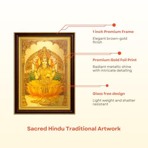 Image of Paramporul Gallery Lakshmi in Yellow Saree Auspicious Gold Foil Photo Frame for Pooja Room, Hindu God Wall Decor, Ready to Hang, 10x14 Inch