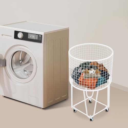 Image of Mesh Wire Laundry Basket Storage Cart, Wire Metal Rolling Laundry Basket