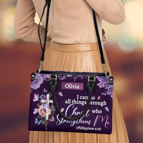 I Can Do All Things Through Christ Who Strengthens Me - Personalized Leather Bag, Custom Name I Can Do All Things Through Christ Who Strengthens Me Leather Bag, Christian Leather Handbag for Women3
