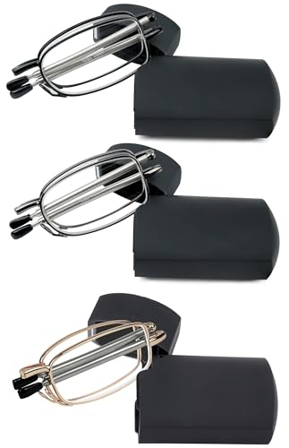 Success Eyewear Reading Glasses Readers Compact Folding Unisex Glasses for Reading Case Included 3 Pack Black, Gunmetal, Gold