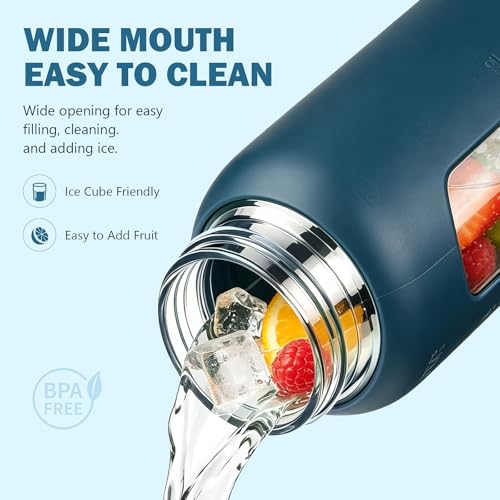 Image of 32 oz Glass Water Bottle with Straw - 2 Lids (Bamboo & Spout Lid), 1L Motivational Borosilicate Glass Daily Water Intake Bottle with Time Marker, Silicone Sleeve for Home Office-Navy Blue
