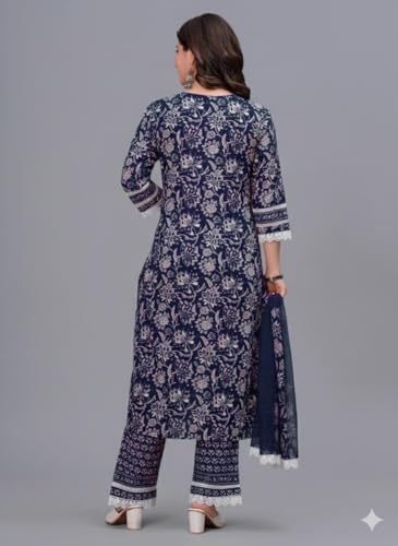 Image of Amayra Women's Pure Cotton Printed Straight Kurta Set with Palazzo Pants & Dupatta- Ethnic Wear