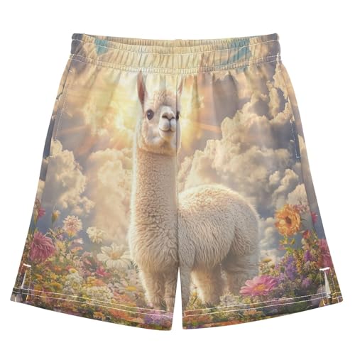 DOMIKING Alpaca Flowers Yellow Kids Shorts Pull-on Boys Shorts with Elastic Waist Casual Athletic Pants for Outdoor Playwear