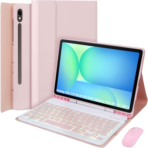 Keyboard Case for Samsung Galaxy Tab S10 Lite/S10 FE/S9 FE 10.9 Inch/Galaxy Tab S9 11 Inch 2023, Mouse and 7-Color Backlit Detachable Bluetooth Keyboard, Ultra-Thin Cover with S Pen Holder (Pink)